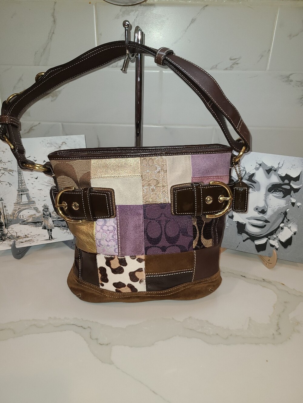Coach Vintage Soho Patchwork Leather & Suede Shoulder Bag - Brown & Purple EUC